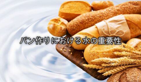 水の背景に並べられたパンと小麦の穂。パン作りにおける水の重要性を表すイメージ